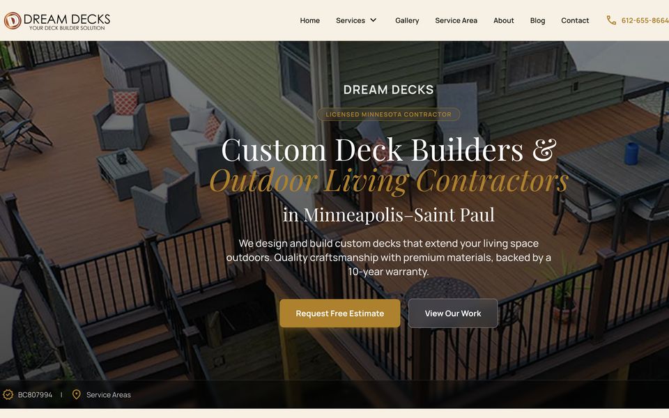 Homepage of the Dream Decks website, a deck builder in Minneapolis–St. Paul, MN