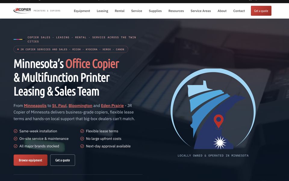 Screenshot of the JR Copier of Minnesota website built by WebLeadsNow