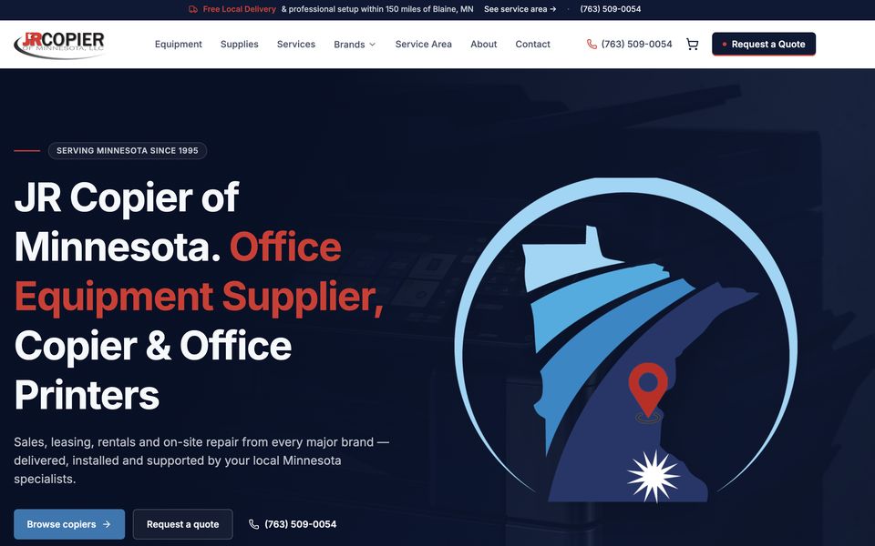 Homepage of the JR Copier (Online Store) website, a ecommerce · copiers & supplies in Blaine, MN · Delivers statewide