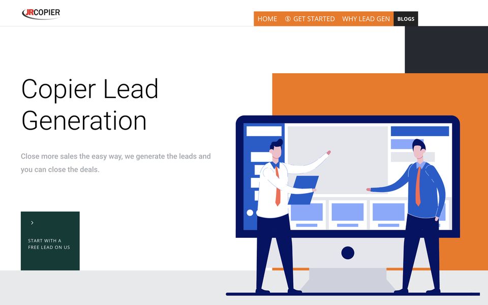Homepage of the Office Equipment Leads website, a copier lead generation in Nationwide · Exclusive by territory