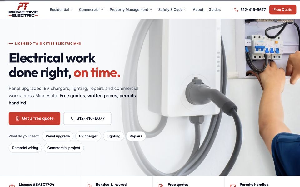 Homepage of the Prime Time Electric MN website, a electrical contractor in Twin Cities, MN