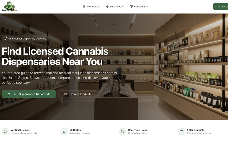 Homepage of the Weed Dispensary Finder website, a dispensary directory in Nationwide
